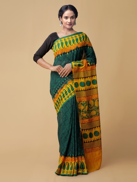 

Unnati Silks Green & Mustard Pure Cotton Printed Chanderi Saree