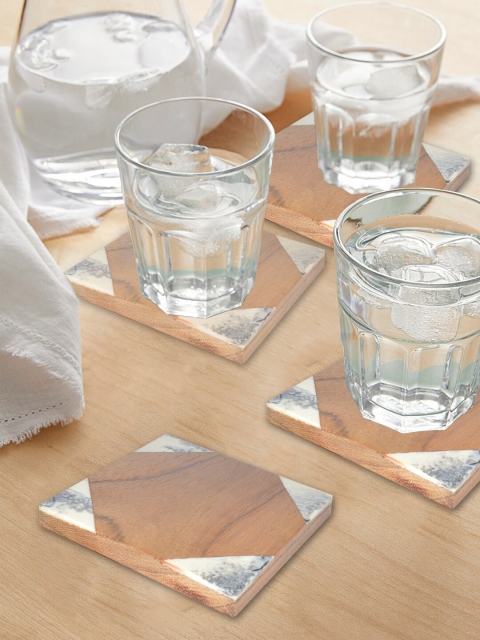 

nestroots Set Of 4 Brown & Grey Square Raisin Finish Coasters With Stand