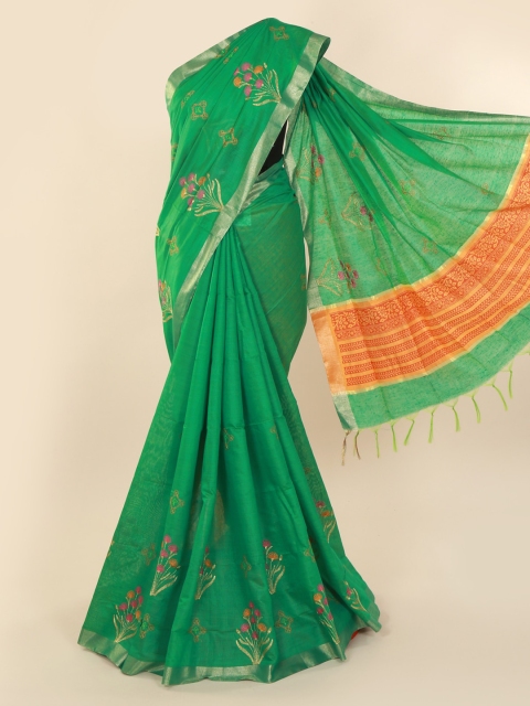 

Pothys Green Embroidered Pure Cotton Saree with Jhalar Pallu