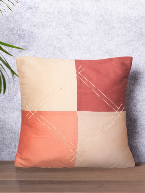 

PETAL HOME Peach-Coloured & Maroon Set of Single Colourblocked Square Cushion Cover