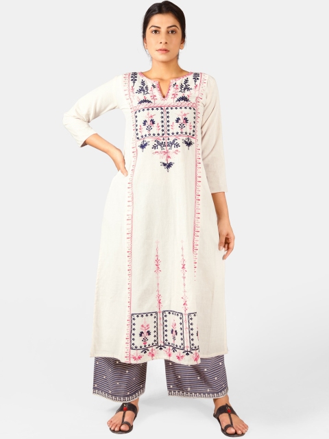 

Mesmora Women Off-White & Blue Embroidered Kurta with Palazzos