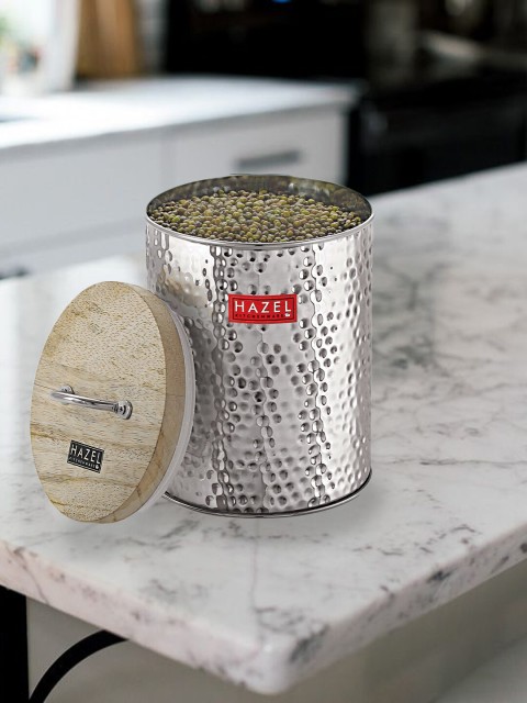

HAZEL Silver-Toned & Beige Hammered Finish Stainless Steel Storage Container With Wooden Lid