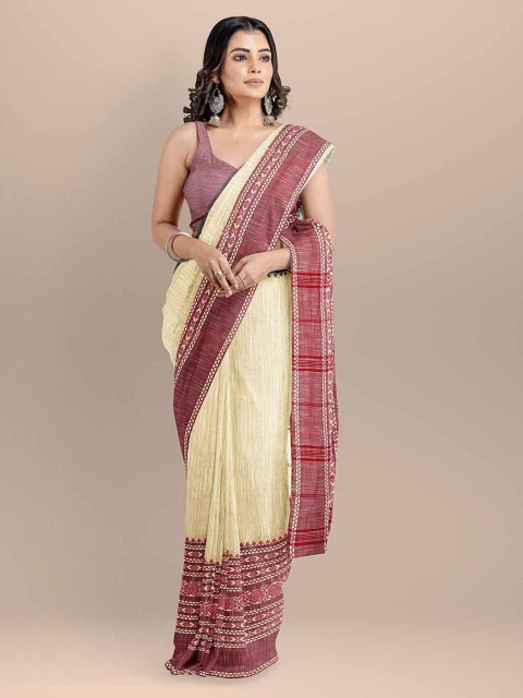 

BharatSthali Cream-Coloured Pure Cotton Solid Sambalpuri Saree