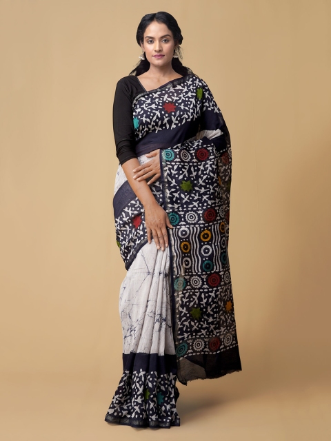 Unnati Silks Navy Blue & Off-White Silk Cotton Batik Printed Chanderi Saree