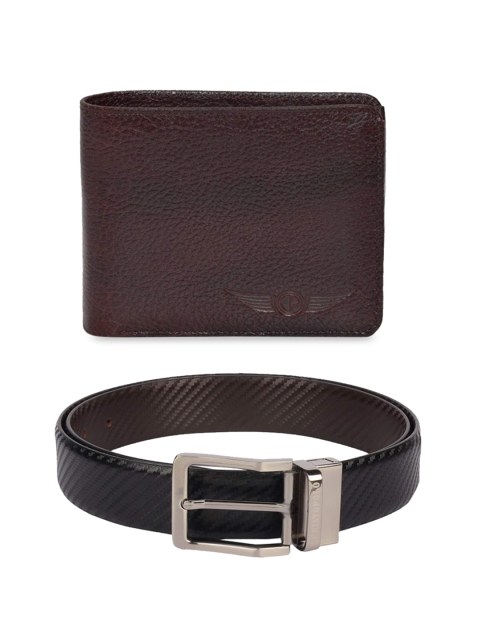 

CHRISTOPOLO Men Black & Brown Textured Reversible Leather Belt With Wallet