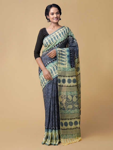 

Unnati Silks Grey Pure Cotton Hand Block Printed Chanderi Saree