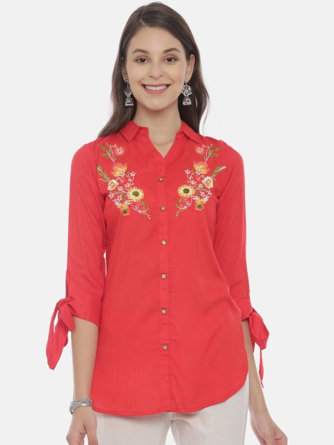 Neerus Women Red Regular Fit Embroidered Casual Shirt