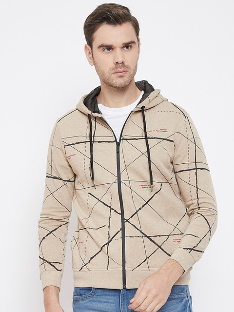 

QUBIC Men Beige Printed Hooded Sweatshirt