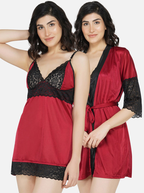 

PHWOAR Maroon & Black Solid Nightdress With Robe