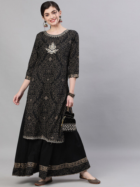 

Ishin Women Black Printed Kurta with Sharara