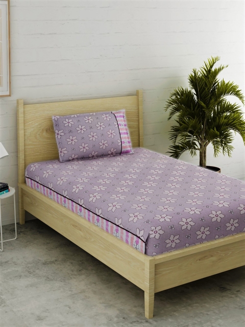 

EverHOME Purple Floral 144 TC Cotton 1 Single Bedsheet with 1 Pillow Cover