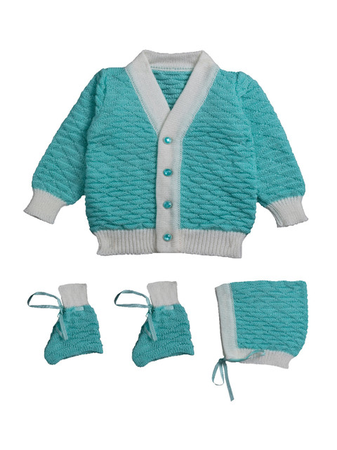 

Little Angels Unisex Kids Sea Green Self Design Front Open Full Sleeves Sweater Set