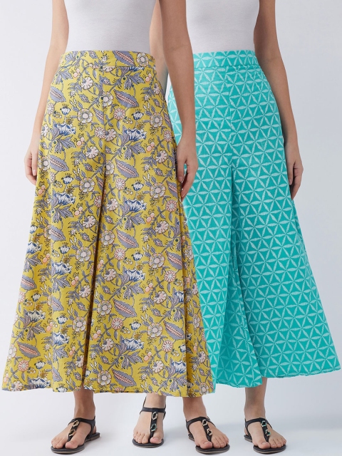 

InWeave Women Pack of 2 Printed Flared Palazzos, Yellow