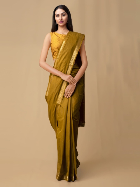 

Unnati Silks Olive Green Pure Cotton Solid Venkatgiri Saree