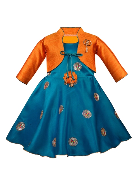 

Wish Karo Girls Blue Self Design Fit and Flare Dress With Shrug