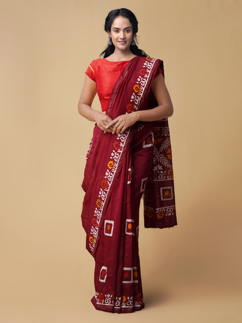 

Unnati Silks Red Silk Cotton Printed Chanderi Saree