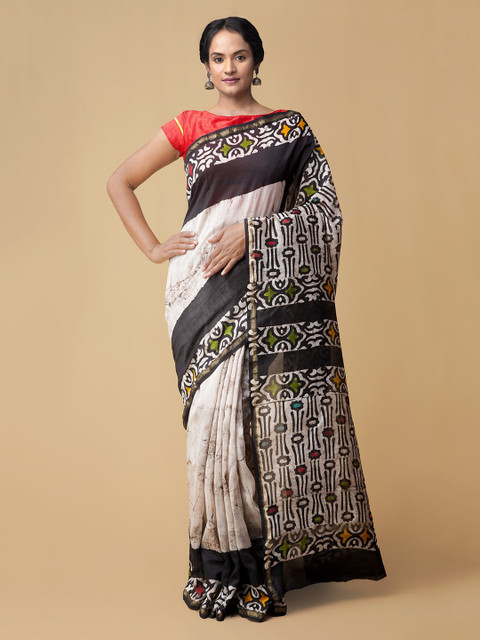 

Unnati Silks Black & White Silk Cotton Printed Chanderi Saree