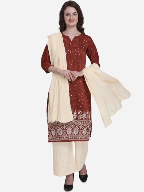 

Kvsfab Rust Brown & Beige Silk Blend Unstitched Dress Material