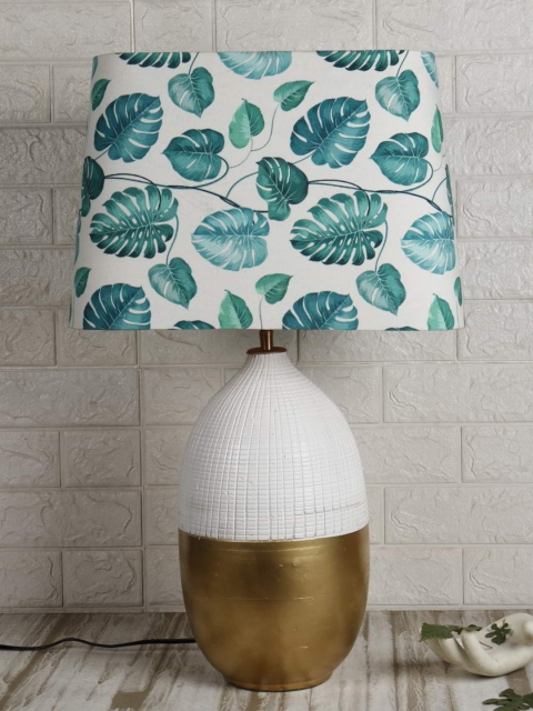 

Grated Ginger White & Gold-Toned Printed Contemporary Bedside Lamp with Shade