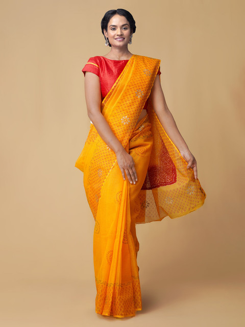 

Unnati Silks Orange Pure Cotton Woven Design Bandhani Saree