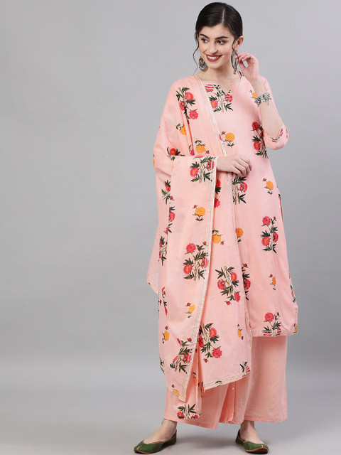 

Ishin Women Peach-Coloured Printed Kurta with Palazzos & Dupatta
