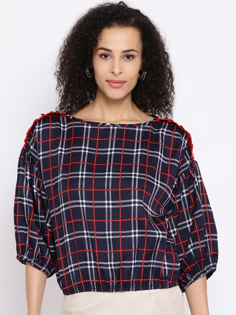 

ALL WAYS YOU Women Navy Blue Checked Blouson Top