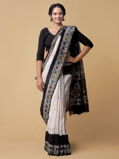 

Unnati Silks Black Silk Cotton Batik Printed Chanderi Saree