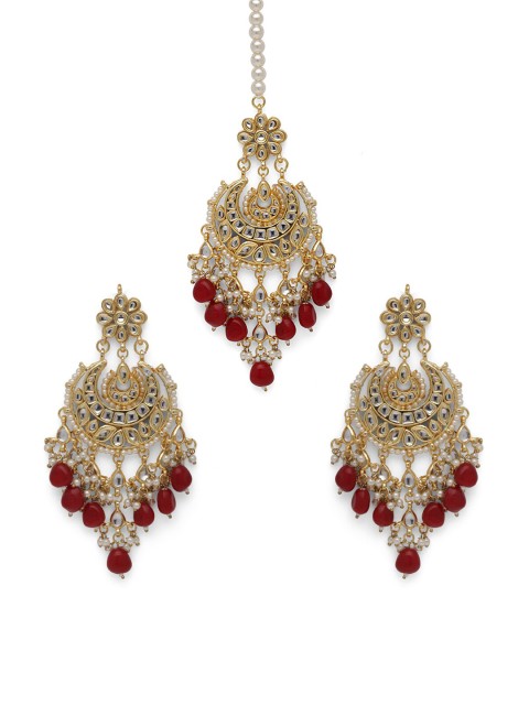 

Fabstreet Gold-Plated White & Red Kundan Studded Vilandri Jewellery Set