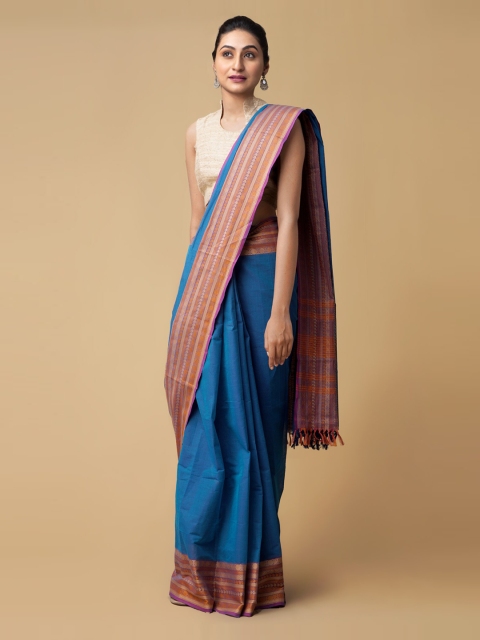 

Unnati Silks Blue & Peach-Coloured Pure Cotton Solid Kanjeevaram Saree