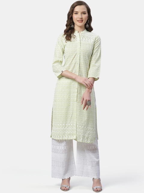 

Jompers Women Green & White Chikankari Embroidered Straight Kurta