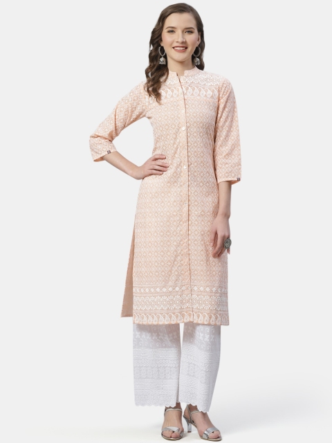 

Jompers Women Peach-Coloured & White Embroidered Straight Kurta