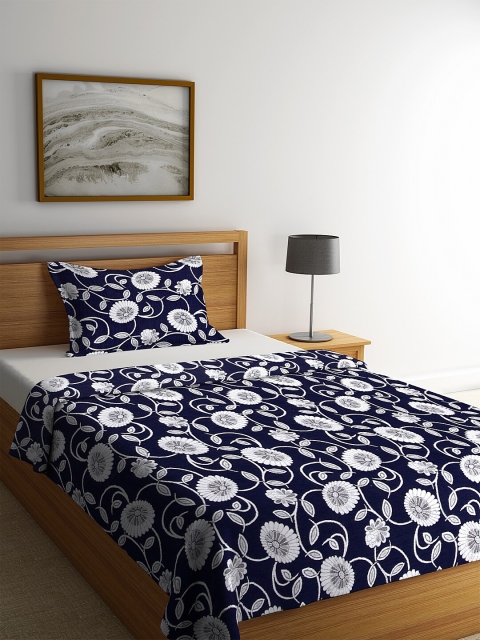 

KLOTTHE Navy Blue & White Floral Jacquard 250 TC Single Bed Cover With Pillow Cover