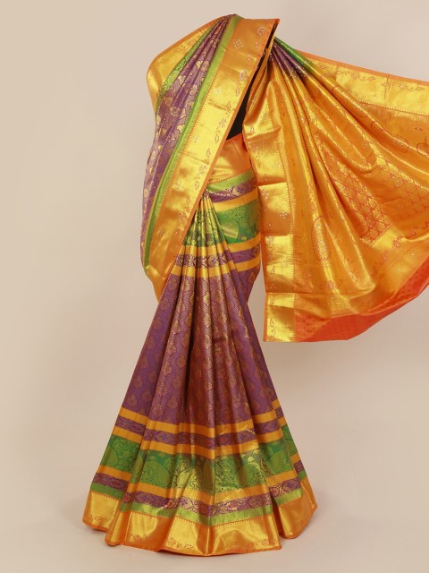 

Pothys Purple & Gold-Toned Pure Silk Woven Design Kanjeevaram Saree with Zari Border