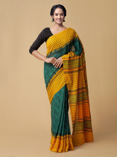 

Unnati Silks Green & Orange Pure Cotton Hand Block Printed Chanderi Saree