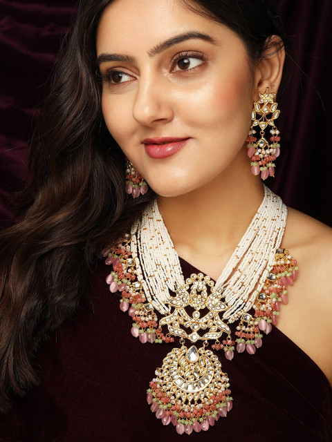 

Rubans Luxury 24K Gold Plated Handcrafted Pachi Kundan & Pearls Multi String Necklace Set