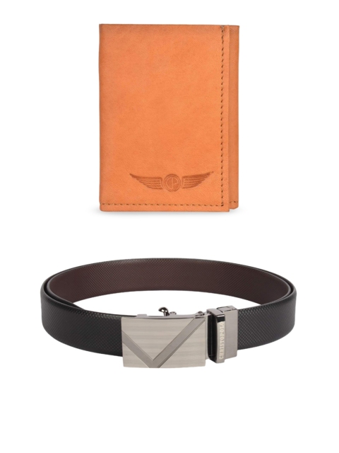 

CHRISTOPOLO Men Black & Tan Textured Leather Wallet & Reversible Belt Combo