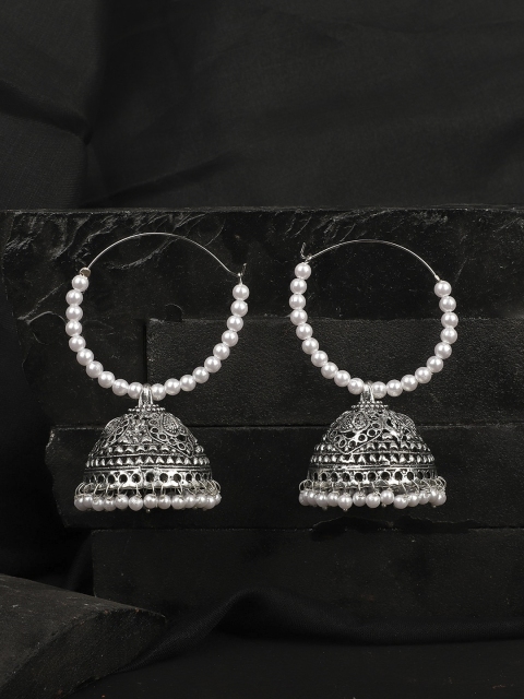 

ANIKAS CREATION Silver-Toned & White Contemporary Jhumkas