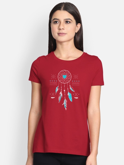 

Free Authority Women Red Dream Catcher Printed Round Neck Cotton Pure Cotton T-shirt