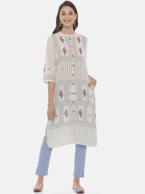 

Neerus Women Off-White & Pink Printed Straight Kurta