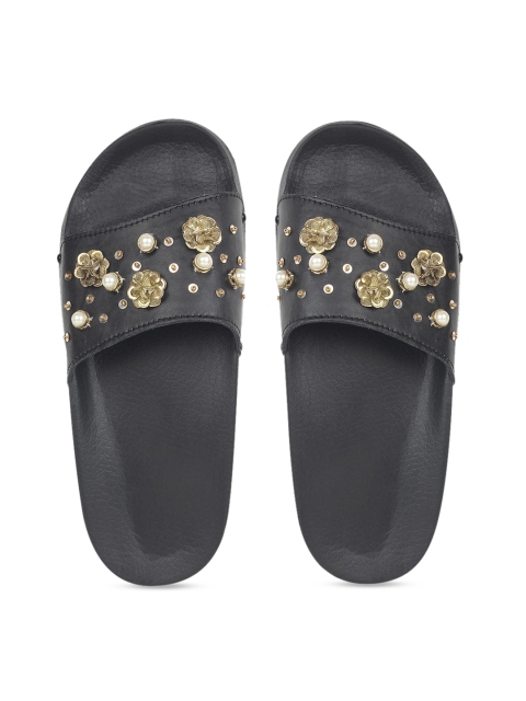 

KazarMax Women Black & Gold-Toned Embellished Sliders