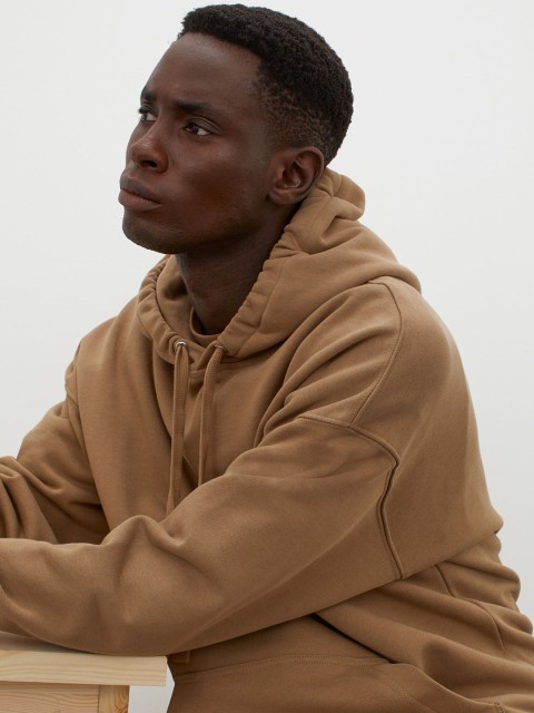 

H&M Men Beige Solid Cotton hoodie