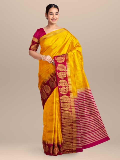

KLM Fashion Mall Yellow & Pink Organza Woven Design Saree with Zari Border