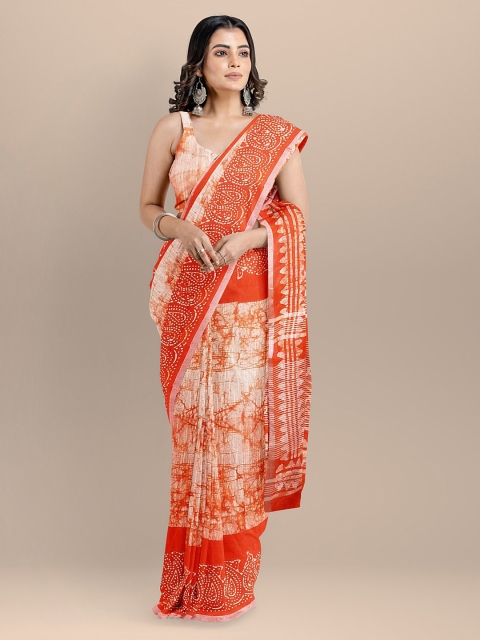 

BharatSthali Orange Silk Cotton Printed Venkatgiri Saree
