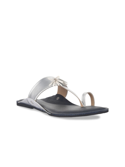 

SKO Women Silver-Toned Leather One Toe Flats