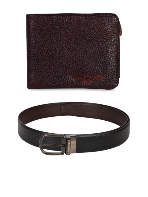 CHRISTOPOLO Men Black & Brown Textured Leather Belt & Wallet