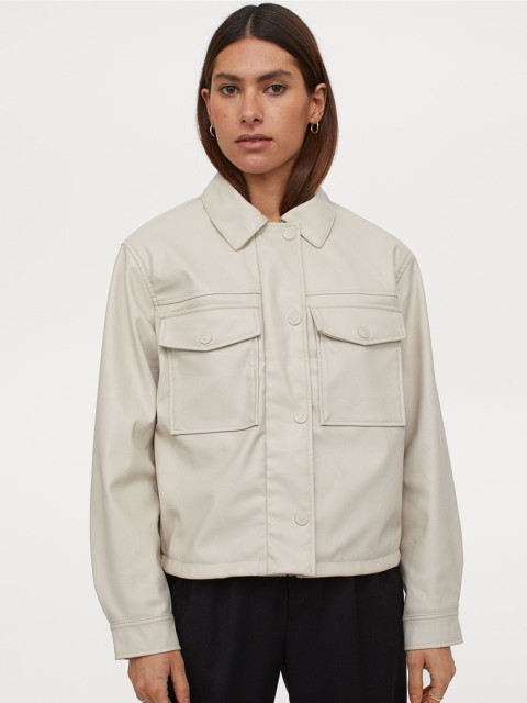 

H&M Women Beige Boxy Imitation Leather Jacket