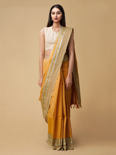 

Unnati Silks Orange Striped Handcrafted Cotton Saree