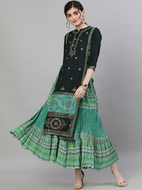 

Ishin Women Green Embroidered Maxi Dress
