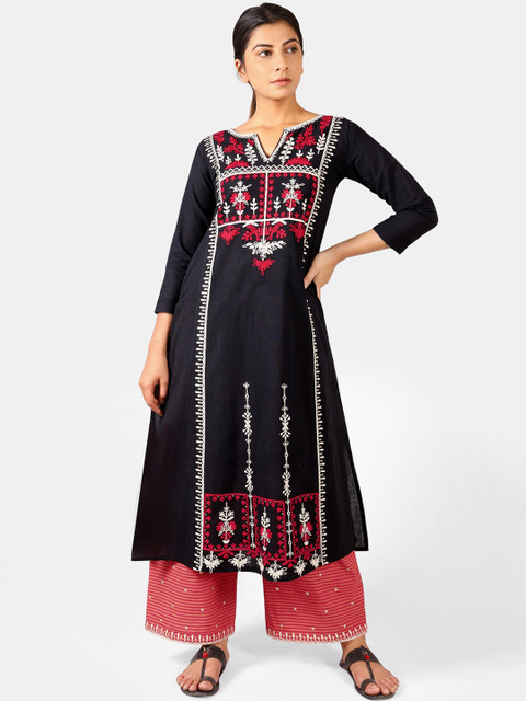

Mesmora Women Black & Red Embroidered Kurta with Palazzos