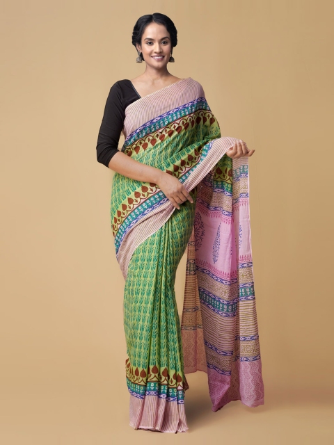 

Unnati Silks Green & Lavender Pure Cotton Printed Chanderi Saree